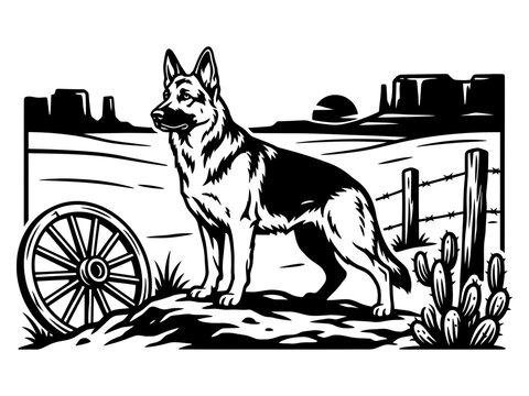 German shepherd western frontier wagon scene