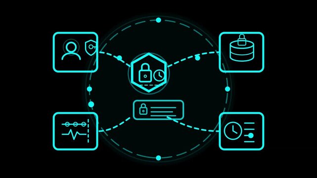 Futuristic cybersecurity data protection network interface with neon digital lock icons, privacy shield, and encrypted cloud security concept