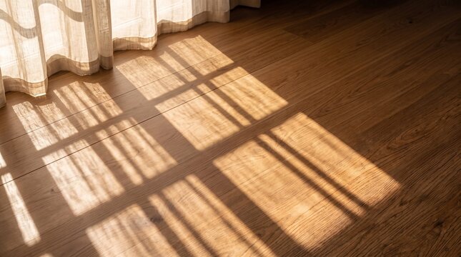 Sunlight casting window shadows on dark wooden floorboards next to white sheer curtains with window shadow
