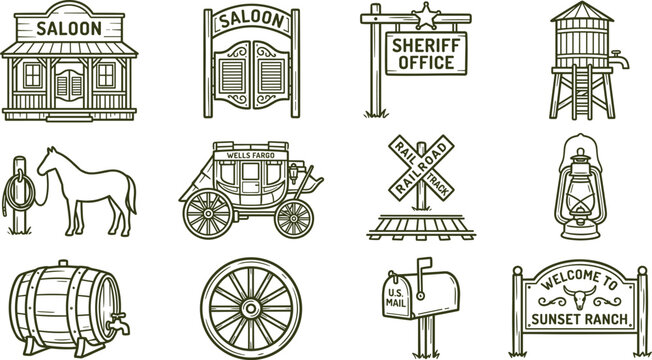 Set of wild west icons and elements vector illustration outline design