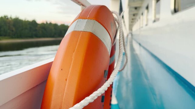 An orange lifebuoy hangs on the deck railing of a cruise ship. The vessel navigates calmly along the scenic river. This safe journey brings a feeling of secure tranquility.
