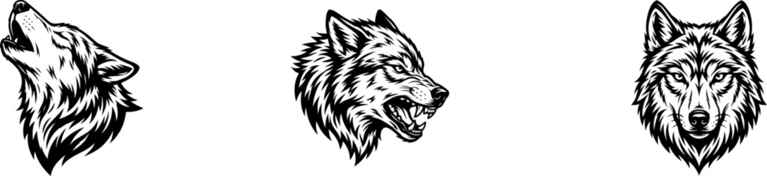 Set of three black and white wolf head illustrations for sports team logos or graphic design projects