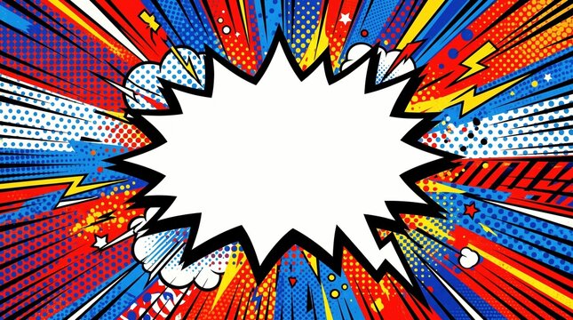 Comic pop art speech bubble frame on blue and red explosion background, Pop Art Theme