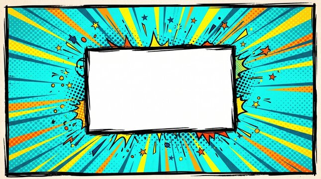 Turquoise pop art comic frame with blank white copy space center, Comic Theme