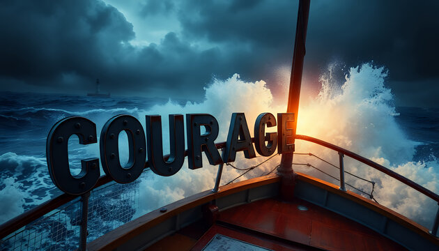 Bold courage sign on stormy ship bow during turbulent ocean waves at sunrise
