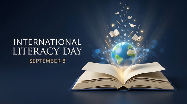 Open book with floating letters and globe represents international literacy day