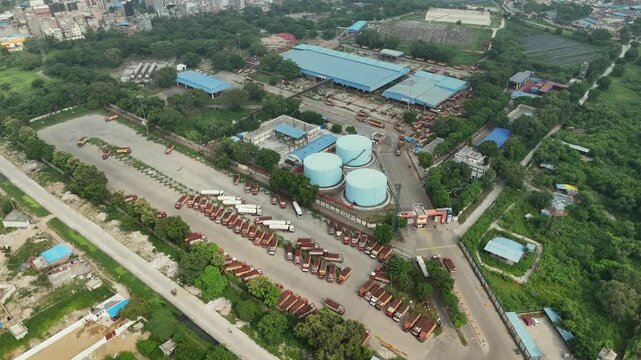 Aerial drone view of Indian Oil LPG bottling plant and storage terminal in New Delhi India
