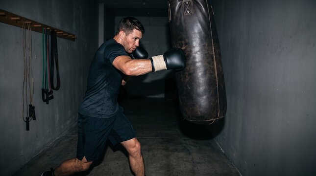 Athlete drives a heavy bag during cardio training