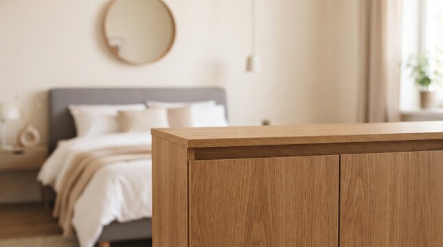 Wooden cabinet foreground in blurred bedroom, modern oak sideboard surface, minimalist interior design with bed and round mirror