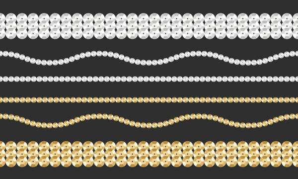 Set of decorative gold and silver sequin seamless pattern featuring straight and wavy lines with sparkling glitter texture, elegant festive design for backgrounds, borders, and luxury compositions. Ve