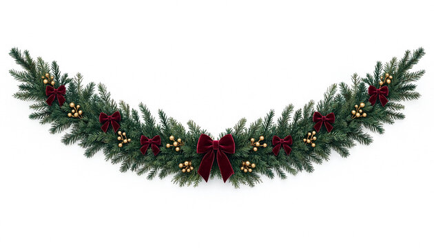Christmas garland with velvet bows and gold berries isolated on white background