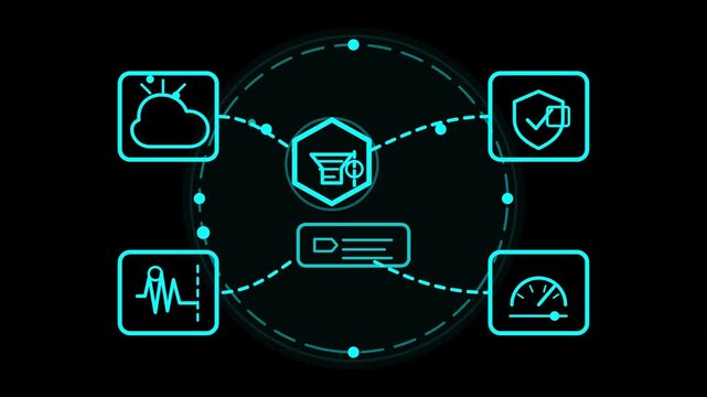 Digital technology connecting cloud computing services with security monitoring, data analysis, and performance metrics for efficient business operations and insights