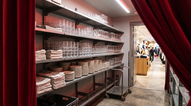 Hidden stockroom holds abundant goods behind red curtain