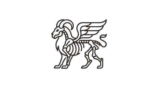 Skeletal winged chimera logo with goat horns and bird wings, minimalist black line art vector illustration of an undead mythical creature skeleton isolated on a white background.
