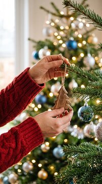 Woman hands hanging wooden Christmas tree ornament on decorated evergreen branch. Festive holiday decoration tradition and cozy home celebration concept for Christmas and New Year