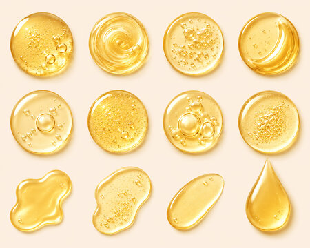 Gold cosmetic serum drop set, skincare face oil puddle collection, shiny yellow gel smear texture, glowing liquid honey blob mockup, vitamin C essence droplet, hyaluronic acid beauty swatch template