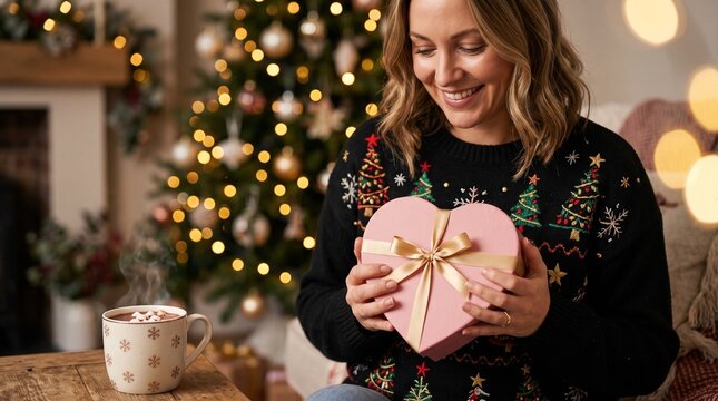 Smiling woman in christmas sweater holding heart shaped gift box near decorated tree. Cozy holiday celebration and winter festive surprise