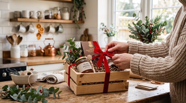 Woman tying red ribbon on wooden Christmas gift hamper with honey and chocolate in cozy kitchen. Holiday present box preparation for festive seasonal gifting and celebration concept
