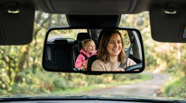 Woman driving car with happy little girl in child safety seat visible in rearview mirror. Family road trip and safe driving with kid passenger