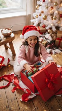 Girl in Santa hat opening Christmas gift box with toys sitting on floor near decorated white Christmas tree. Happy kid unpacking present. Joyful holiday morning and winter celebration concept