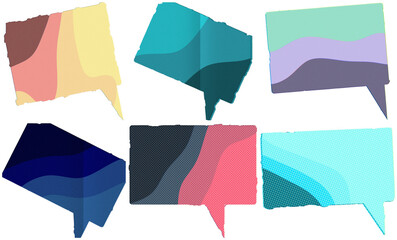 Naklejka premium A retro risograph-style collection of six colorful speech bubbles with halftone textures and layered abstract gradients.