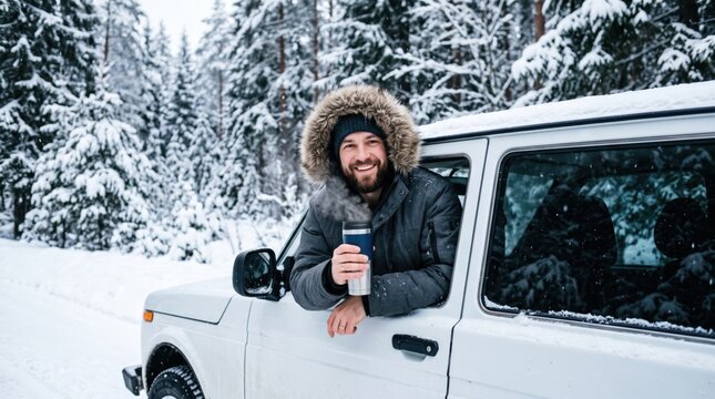 Happy man leaning out of car window holding hot coffee thermos mug in snowy winter forest. Road trip and winter driving adventure concept