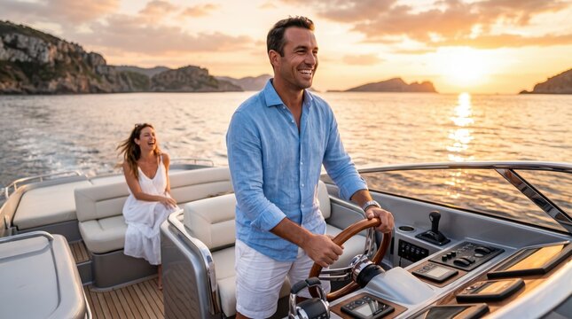 Happy man driving luxury motorboat at sunset with woman relaxing on deck. Couple enjoying summer sea cruise vacation. Nautical travel and leisure lifestyle concept