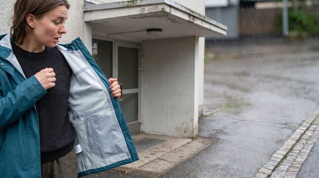 Adult notices a reversed raincoat in a sudden shower