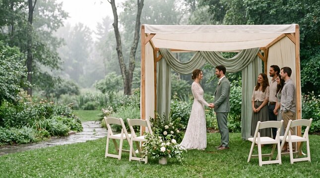 Friends gather beneath a rain-ready wedding canopy