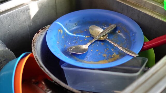 Messy kitchen sink filled with dirty blue plate spoons plastic container and colorful bowls under natural light showing cluttered aftermath of meal preparation.
