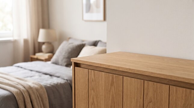 Minimalist wooden dresser in cozy bedroom, modern oak sideboard furniture, bright scandinavian interior design with bed and lamp