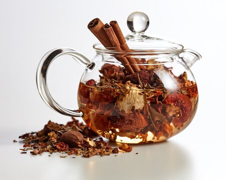 Glass Teapot with Cinnamon Sticks and Dried Herbs
