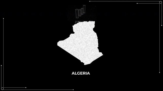 Algeria technology map with animated charts, graphs, statistics, and analytics showcasing economy, infrastructure, innovation, population, trade, energy, and national development