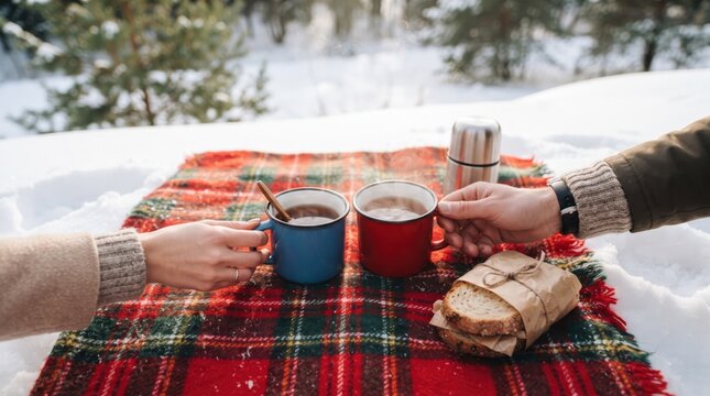 Two people holding warm mugs over a plaid blanket on a picnic table in the snow, cozy winter date, winter holiday spirit.