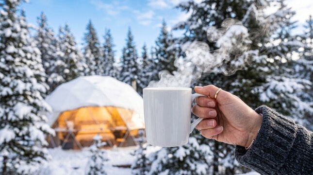 A hand holding a steaming white mug with a snowy glamping dome in the background, winter getaway, cozy travel experience.