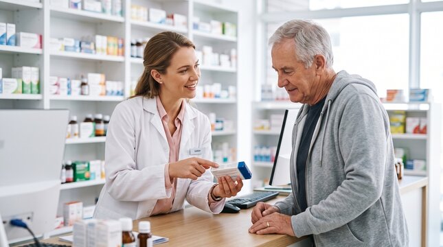 A female pharmacist consulting a senior man at a pharmacy counter, prescription purchase, professional medical advice.