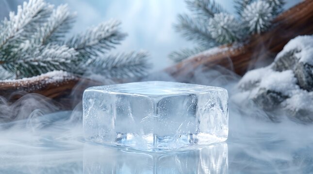 Clear ice cube on a reflective surface surrounded by mist with frosted pine branches and snow-covered rocks in soft blue light.