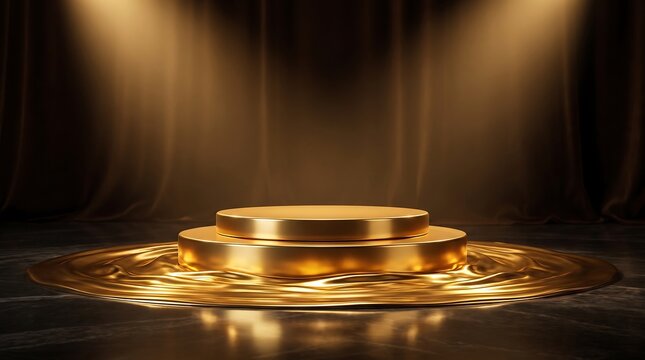 Two-tier golden podium on a liquid gold puddle with dark marble floor and rich brown curtain background under spotlight.
