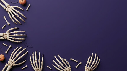 Fototapeta premium A festive flat lay composition featuring multiple realistic skeleton hands arranged on a dark purple background for a creative spooky halloween celebration