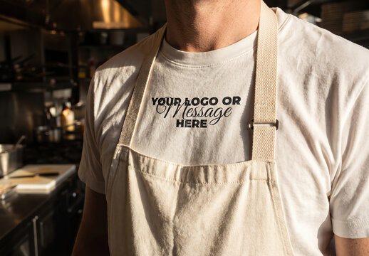 Kitchen Worker Wearing Apron Tshirt Logo Mockup