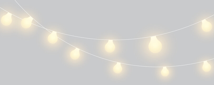 Warm glowing string lights garland with soft illumination for festive backgrounds, wedding invitations and holiday designs