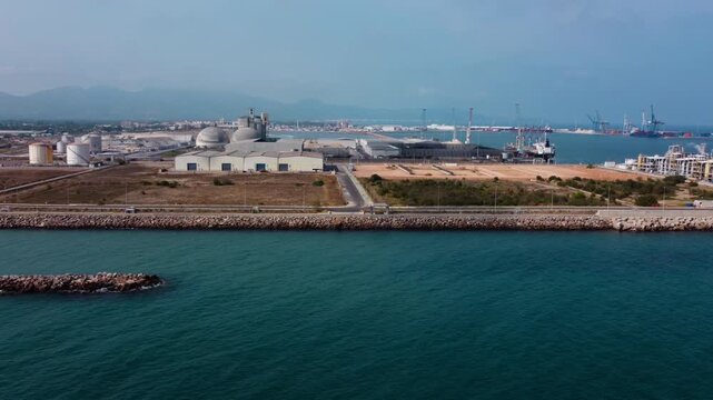 Castellon port and refinery industrial area aerial view, Valencia Region Spain. High quality 4k footage