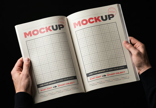 Hands Holding Open Pages Magazine Brochure Mockup