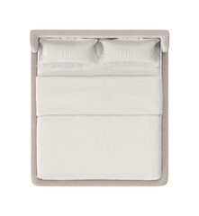Top view of a clean, modern bed with white linens and pillows