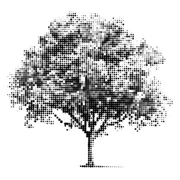 Vintage Halftone Oak Tree Silhouette Monochrome Botanical Dither Vector