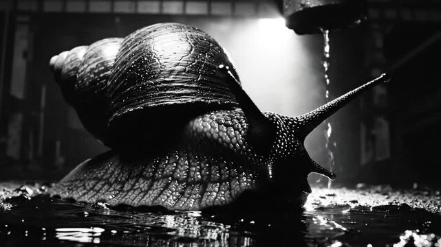 Black and white close up of a giant snail with extended antennae in a damp industrial setting with water dripping