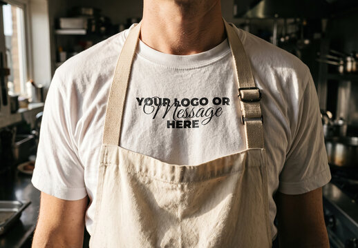 Kitchen Worker Wearing Apron with TShirt Branding Logo Mockup