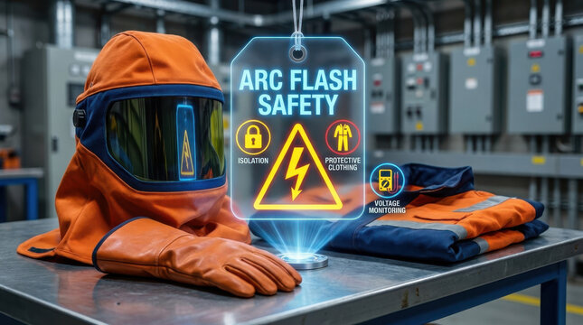 Arc flash protective gear displayed on industrial workbench with safety helmet, face shield, glove, and protective clothing for electrical hazard prevention
