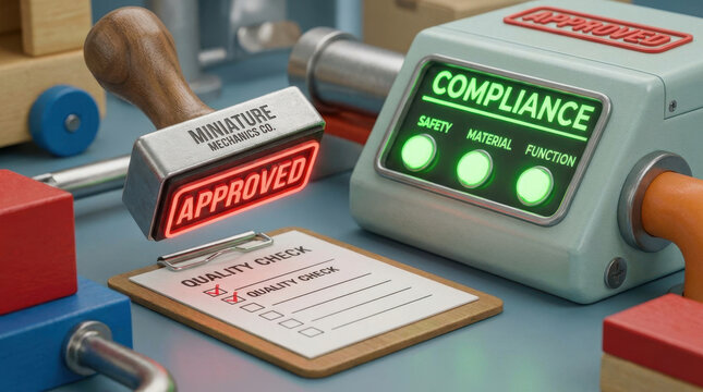 Approved inspection stamp beside compliance testing device and quality check form in workshop, showing successful safety, material, and function review with clear manufacturing control