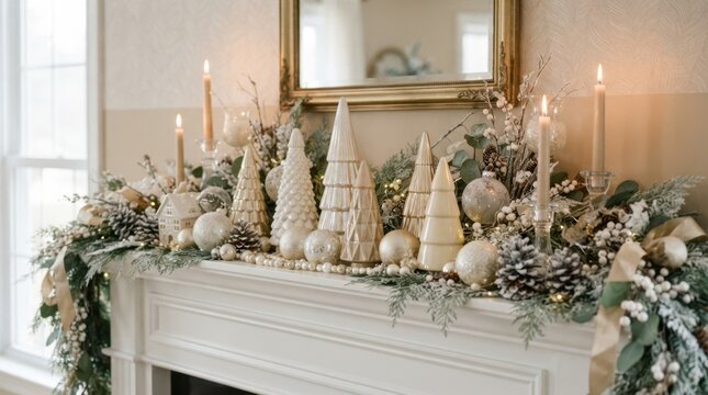Elegant winter mantelpiece decorated with frosted greenery and festive ornaments